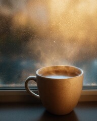 Warm Latte by a Rainy Window with Rising Steam and Soft Light