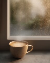 Cozy Cup of Hot Latte by the Rainy Window with Soft Rising Steam