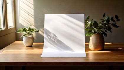 Blank white paper on wooden table with potted plants and natural light.