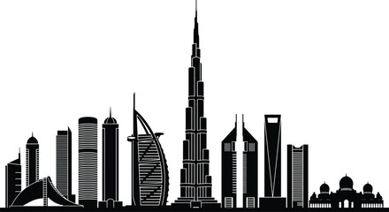 Dubai city skyline silhouette featuring iconic skyscrapers modern architecture landmarks isolated black cityscape illustration on white background vector design