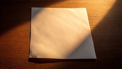 Blank white paper on wooden table with sunlight shadow.