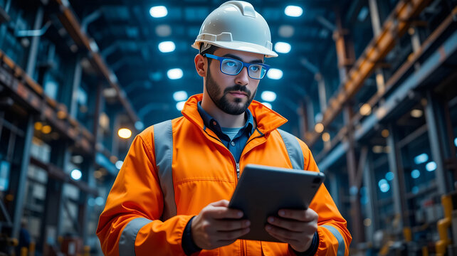 Professional male engineer in orange safety vest using digital tablet in modern warehouse industrial category - ideal for logistics technology, smart factory management, - Powered by Adobe