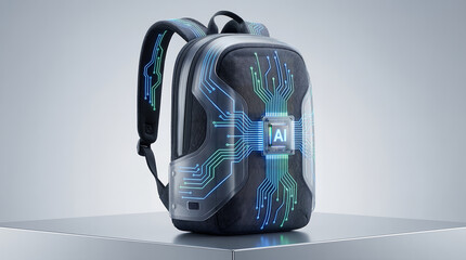 modern backpack with integrated ai chip and glowing blue green circuit lines