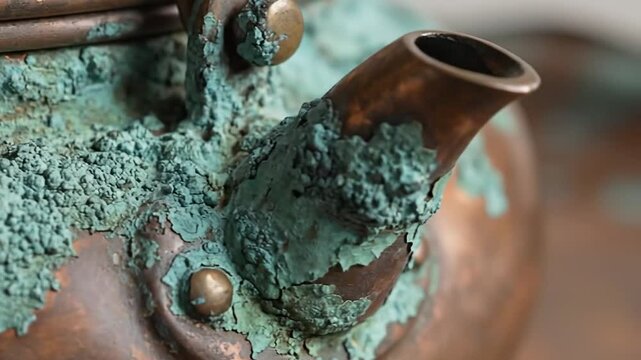 Extreme Close-Up of Verdigris Patina on an Old Copper Kettle, Showing Corrosion and Oxidation.