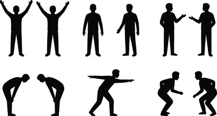 Male silhouettes set showing standing talking bending and action poses, human body language gestures isolated on white background vector
