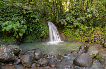 Panoramic view of waterfall Cascade aux Ecrevisses - Caribbean island Guadeloupe