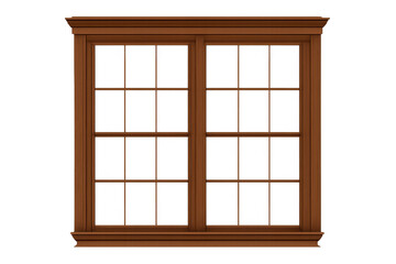 Obraz premium Wooden window frame with transparent glass panes, classic architectural design element isolated on a clear background