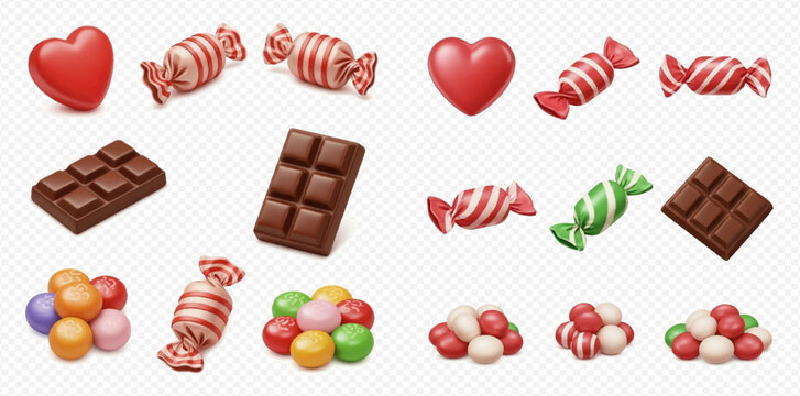 Set of realistic 3D rendered candies, chocolate bars, and heart-shaped sweets on a transparent background.