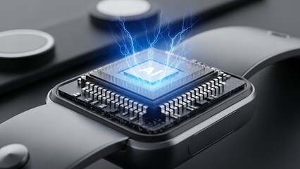 Close up of smartwatch processor with ai inscription and blue electrical energy