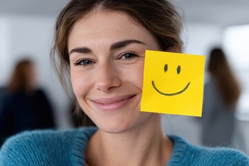 Smiling Woman with Sticky Note Emphasizing Positive Vibes in Office