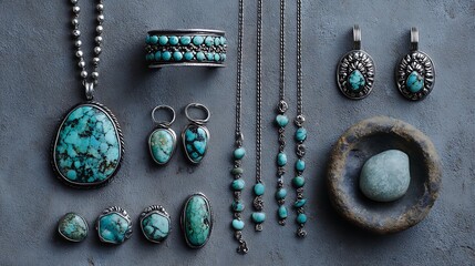 Collection of handcrafted jewelry, featuring turquoise and silver elements