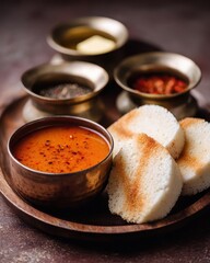 Traditional South Indian Idli with Sambar and Accompaniments