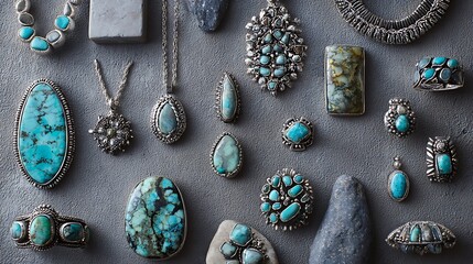 Collection of handcrafted silver jewelry with turquoise gemstones artfully arranged on a gray surface