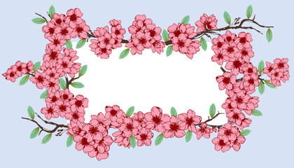 Sakura blossom tree, cherry orchard garden frame background poster, card, wallpaper for text, typography design. Japanese, Asian Template for advertising, social media, web, layout