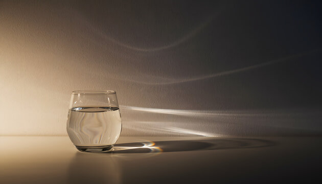 Clear glass of water with dramatic light caustics on a beige textured wall perfect for hydration, science, purity, wellness advertising, and minimalist backgrounds