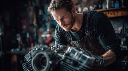 A focused mechanic with a beard works intently on a detailed engine in a workshop environment