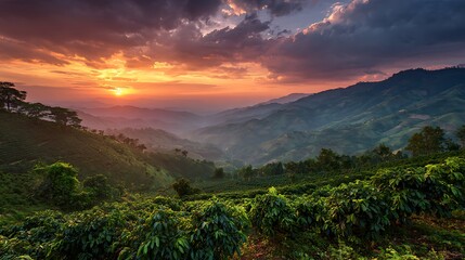 Scenic panorama of lush green hills and valleys at sunset, under a fiery orange sky