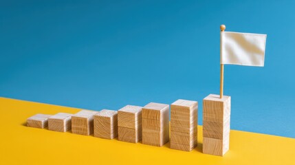 Wooden blocks stacked in ascending bar chart form topped with a white flag against a blue background