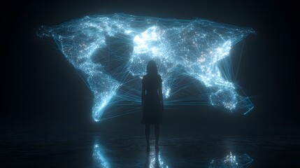 Woman standing before glowing world map network connection data visualization concept