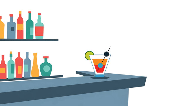 Illustration of a bar setting with bottles, shelves, and a cocktail. The drink features a slice of lime and a garnish. The background is mostly white