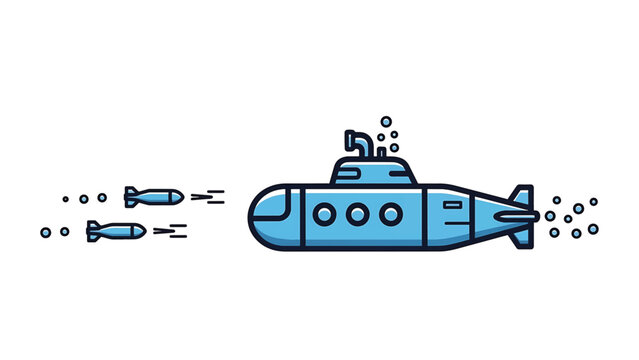 Illustration of a blue submarine, bubbles, and two torpedoes in motion. Graphic of aquatic warfare