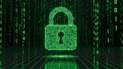 Digital Security Concept with Green Lock Graphic in Binary Code Environment