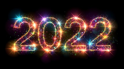 Colorful, glowing, sparkly "2022" text on a black background, perfect for New Year celebrations