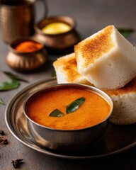 Delicious Idli and Sambar Combo with Toasted Bread and Ghee