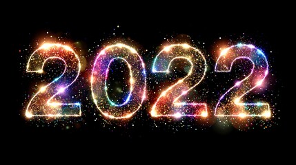 Glowing colorful digital artwork of the year "2022" on a black background, perfect for a New Year