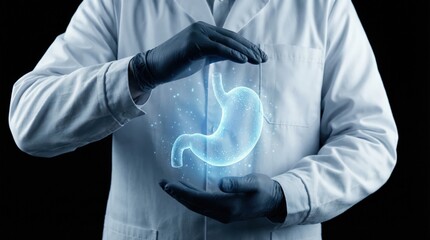 A businessman or doctor in a shirt makes a success gesture by pointing his finger at a medical technology button, representing a communication concept for hospital work and health