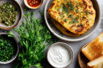 Traditional Indian Aloo Paratha Breakfast with Curd and Toast