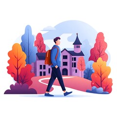 Illustration of a person walking toward a building on a pathway surrounded by stylized trees