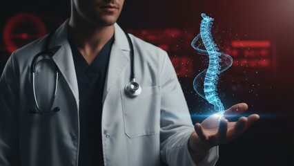 A handsome young professional male physician in a white coat with a stethoscope smiles during his medical work at a clinic hospital