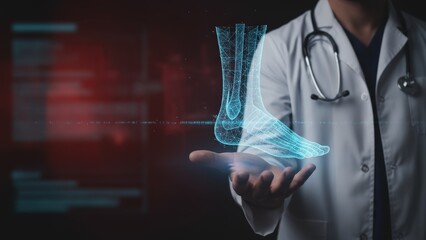 A professional female doctor in a modern clinic uses digital healthcare technology to touch a virtual screen while carefully examining a medical X-ray for future science and medicine