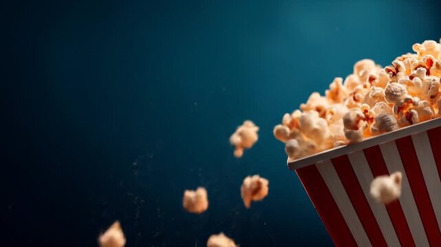 Popcorn kernels exploding out of classic striped container on dark backdrop