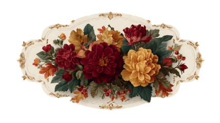 Vintage floral arrangement on ornate white plate with gold accents isolated on a transparent background