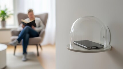 Digital detox concept visual shows inactive smartphone isolated under glass dome as person practices slow mindful action communicating silence technology pause privacy and luxury unplugged lifestyle