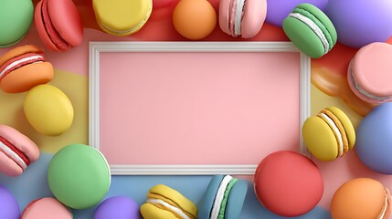 Colorful macarons frame a blank pink rectangle, surrounded by pastels and curved elements