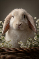 Cute fluffy bunny with long ears sitting in a wicker basket with white spring flowers. Pet animal for Easter holiday greeting card or children book.