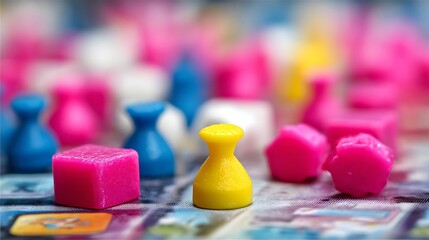 Close-up of colorful game pieces on a board, with a yellow piece in sharp focus