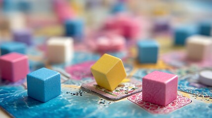 Close-up view of vibrant wooden game pieces arranged on a colorful board