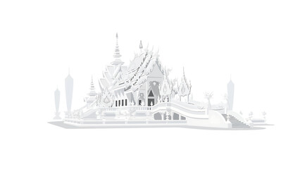 Illustration of an ornate white temple, showcasing intricate architecture and detailed facade, with steps, turrets, and surrounding structures on a white background © saos