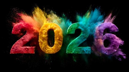 Colorful explosion of powdered pigment forming the year 2026, isolated on black