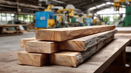 Lumber production scene with worker processing wooden material, woodworking manufacturing process, industrial facility, skilled manual labor concept
