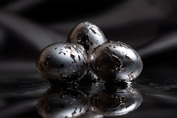 Group of shiny metallic eggs with intricate texture and water droplets on a dark reflective surface, perfect for abstract Easter art and modern design.