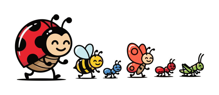 Colorful cartoon insects marching in line with smiling faces