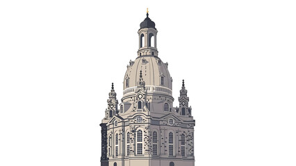 Fototapeta premium Illustration of a majestic European cathedral with a large dome, multiple windows, and a cross. The building is centered on a white background