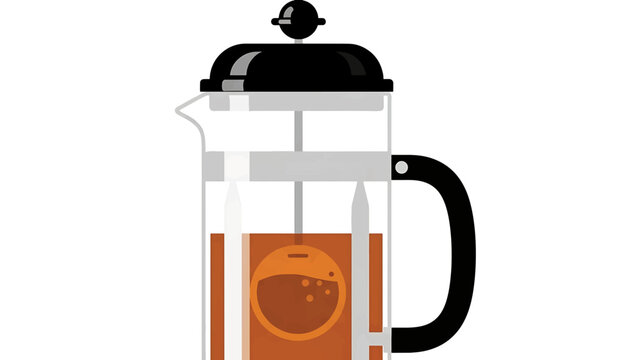 Illustration of a clear glass coffee maker with black handle and lid. Contains brown liquid and a graphic circle