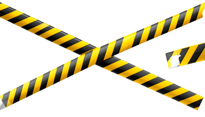 Diagonal hazard tape in black & yellow, crossing, with a detached piece
