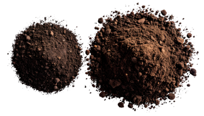 Two dark brown piles of loose soil sit against a black background, top-down view